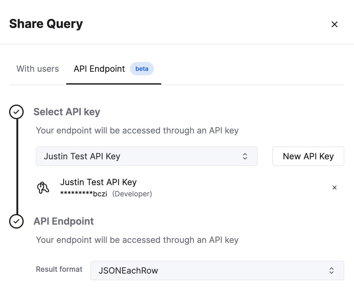 Интерфейс ClickHouse Cloud с настройкой Query Endpoints и вариантами формата вывода