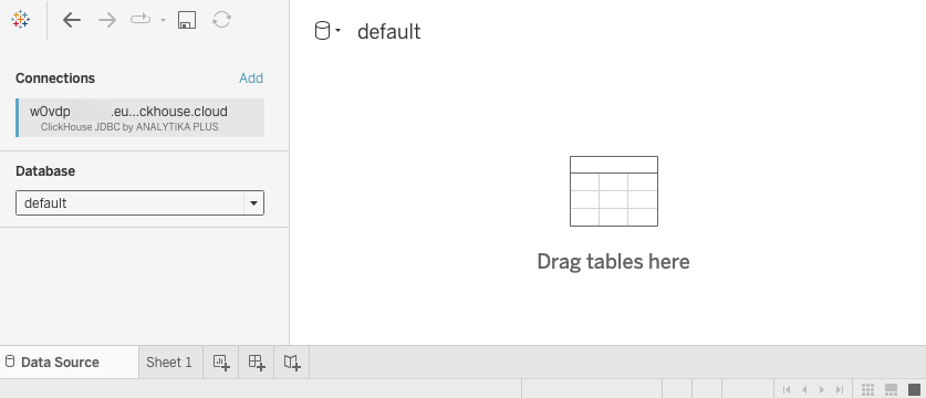 Новая рабочая книга Tableau, показывающая начальный экран подключения с параметрами выбора базы данных